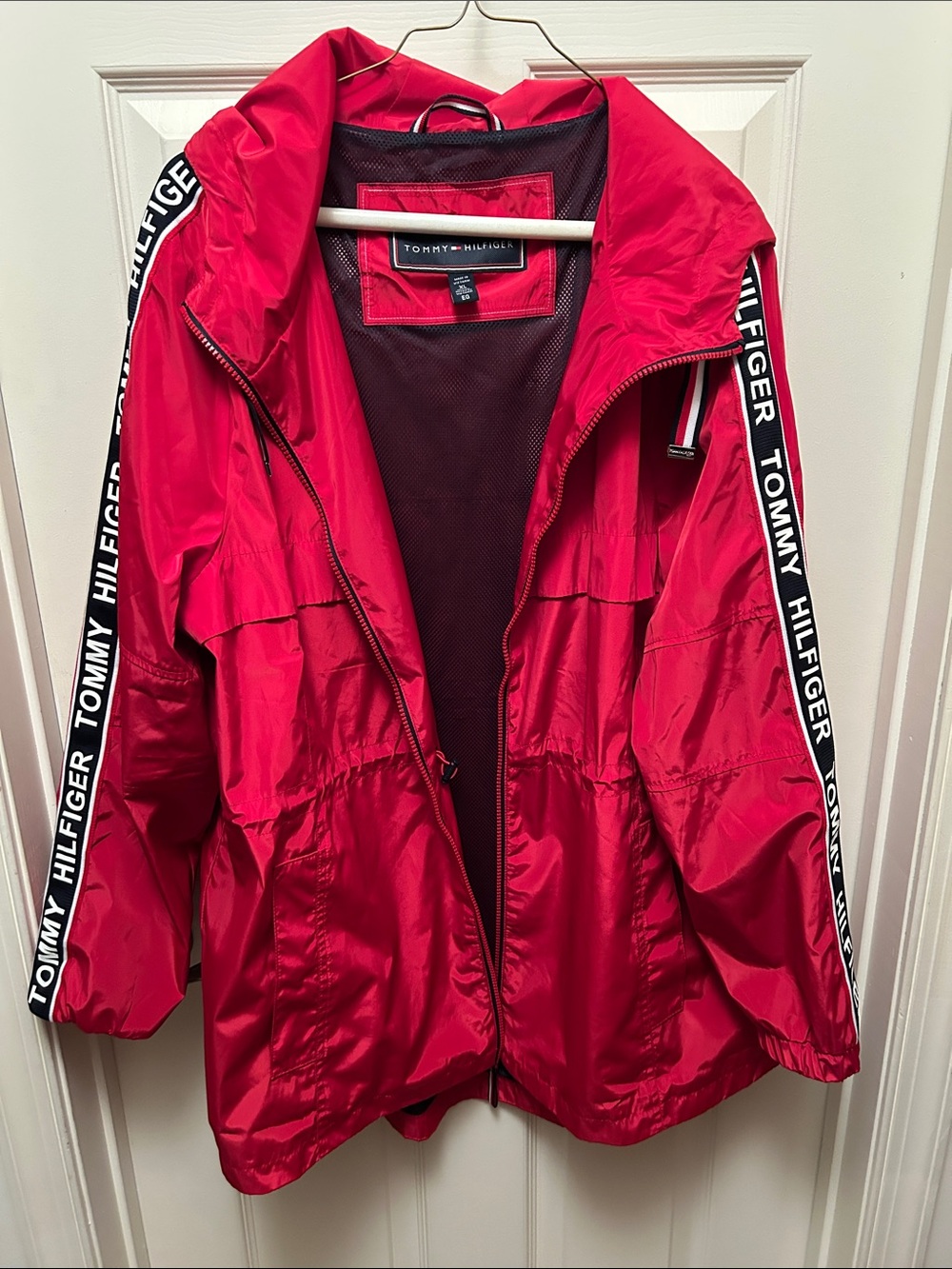 Tommy Hilfiger Red Hooded Utility Windbreaker Jacket with Logo Tape